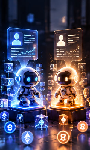 A digital illustration of two robots, one blue and one orange, displaying holographic profiles and cryptocurrency symbols.