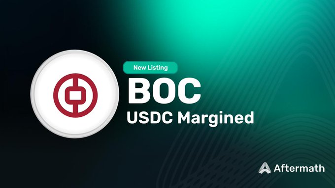 A promotional graphic from Aftermath announcing a new listing for BOC USDC Margined, featuring the BOC logo on a white circular badge against a teal and black background.