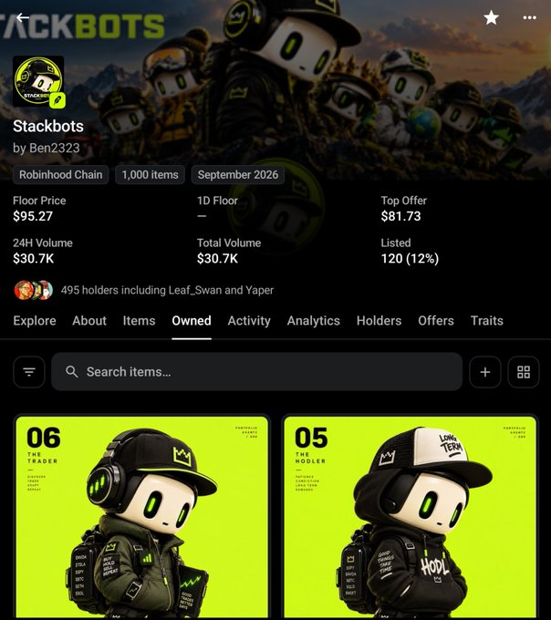 A screenshot of the "Stackbots" NFT collection page by Ben2323 on Robinhood Chain, showing 1,000 items with a floor price of $95.27, 24H volume of $30.7K, and two featured characters ("06 The Trader" and "05 The Hodler") in green/black streetwear. The post's comment "wait till @crypto_czar_eth sees this" likely refers to the high floor price and trading volume of the collection being noteworthy for the mentioned user.