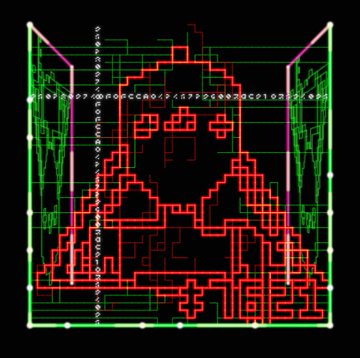 A colorful 3D voxel art rendering depicting a figure composed of red, pink, and orange blocks, enclosed within a green wireframe cube structure on a black background.
