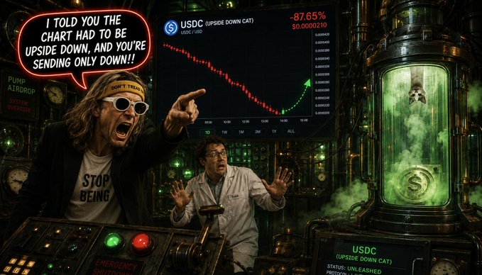 ersatz cat, a green alien creature, is captured mid-flight over a chart with a red line and a dollar sign, accompanied by two men in white lab coats and sunglasses.