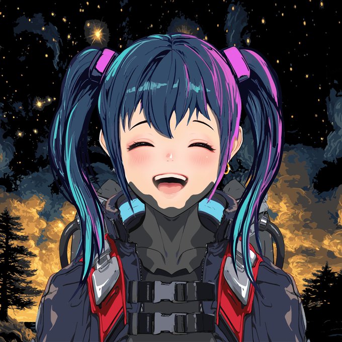 Anime-style illustration of a smiling girl with dark blue and magenta twin-tails, wearing a black and red futuristic outfit against a starry night sky.