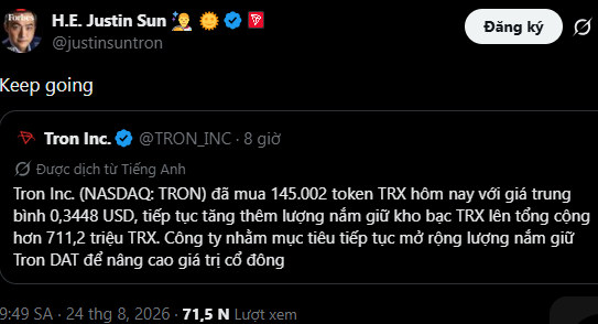 A tweet from H.E. Justin Sun (@justinsuntron) with the text 'Keep going' quoting Tron Inc. (@TRON_INC), which announces that they purchased 145,002 TRX tokens at an average of $0.3448, increasing their total holdings to over 711.2 million TRX.