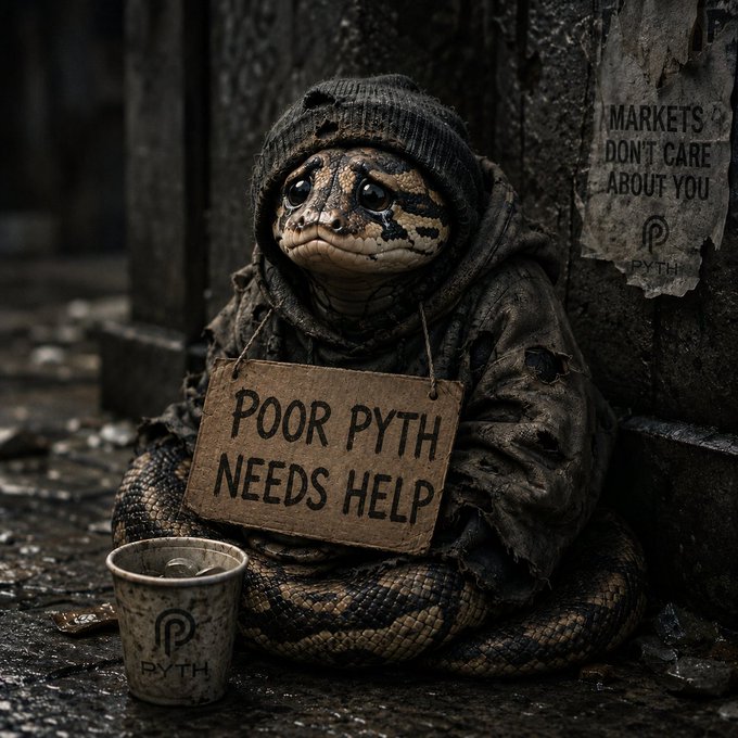 A sad snake wearing a tattered hoodie sits on a gritty street holding a sign that reads "POOR PYTH NEEDS HELP," with a poster behind it stating "MARKETS DON'T CARE ABOUT YOU," and a small cup labeled "PYTH" at its feet—visually representing the creator program's poor rewards despite the network's massive 3.25T trading volume.
