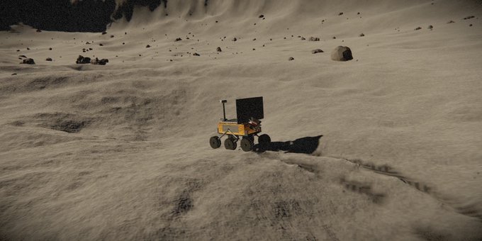 A small yellow rover with four wheels traverses a barren, rocky terrain resembling the surface of Mars or the moon, casting a long shadow across the dusty ground. The image symbolizes the user's contemplation of developing and launching a video game, reflecting themes of exploration, ambition, and venturing into uncharted territory.