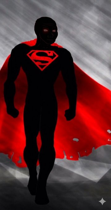!!! superman with red cape and black silhouette, standing against a gray background.