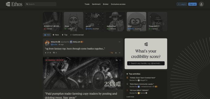A screenshot of the Ethos platform's homepage on a dark-themed interface displays user profiles like "ROGER B-1 $1.45" and "Knox" with credibility scores, alongside posts such as "og from faraway top" and a headline reading "Paid pumpkin trader farming copy traders by posing and deleting tweet. Stay away." with "233" comments. The central featured panel prompts "What's your credibility score?" with a search field tagged "@cazchbtc," connecting to the Ethos credibility platform referenced in the caption "ethos, only on @base."