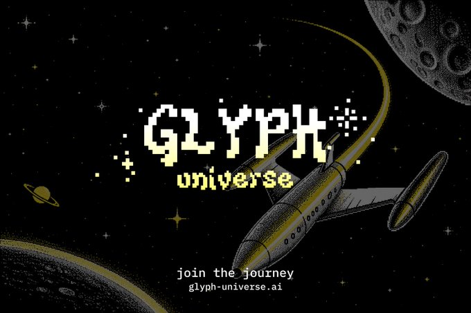 A promotional graphic for 'GLYPH universe' featuring pixelated retro-style text 'join the journey glyph-universe.ai' overlaid on an illustration of a rocket ship flying through a starry space scene with planets.
