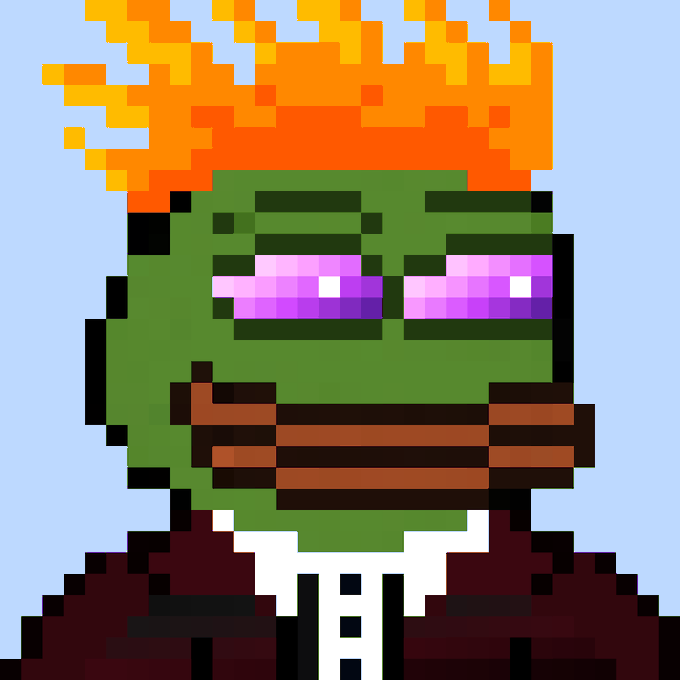 A pixel art image of a green-skinned character with orange flame-like hair, purple eyes, and a brown wooden mouthpiece.