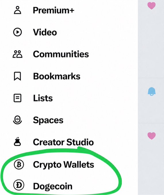 A screenshot of X/Twitter's navigation menu showing various features including Premium+, Video, Communities, Bookmarks, Lists, Spaces, Creator Studio, Crypto Wallets, and Dogecoin, with "Crypto Wallets" and "Dogecoin" circled in green to highlight existing crypto-related features in support of adding more crypto options like X Money.
