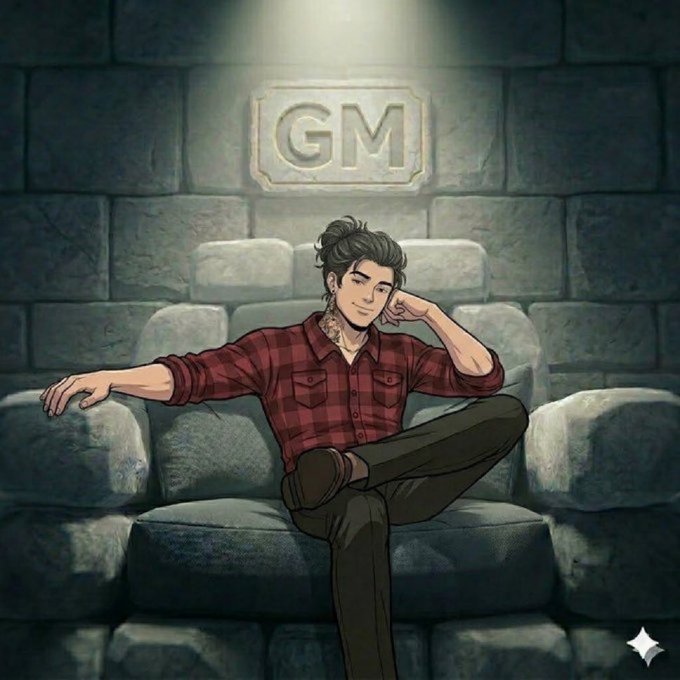 A digital illustration of a relaxed young man with dark hair in a bun, wearing a red plaid shirt, sitting on a stone throne engraved with 'GM' (a common Web3 greeting).