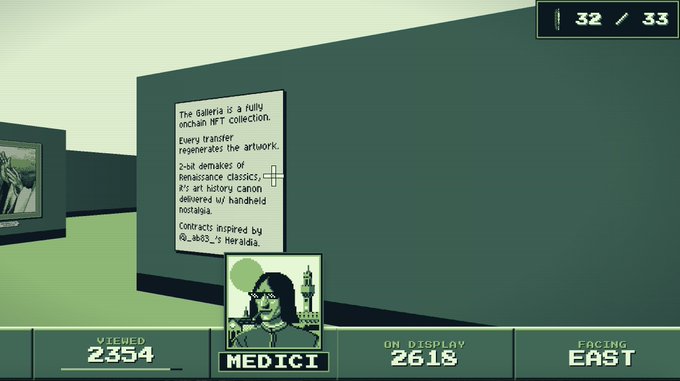 A tweet showing a screenshot from a game where a Medici gallery description reveals 2-bit demakes of Renaissance classics delivered via handheld nostalgia, with the user's Medici collection stats displayed as "WTHCHD 2354" and "ON DISPLAY 2618."