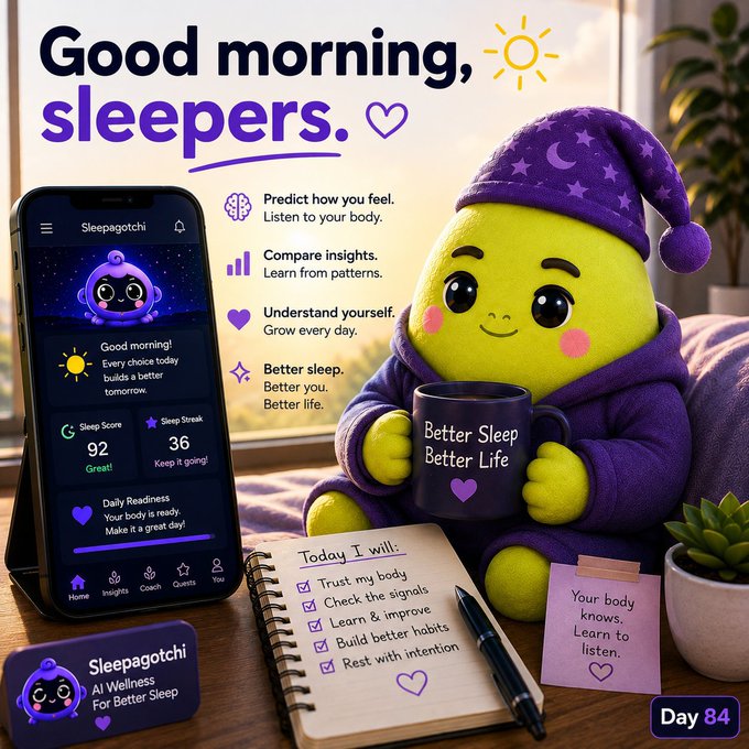 Promotional graphic for 'Sleepagotchi' featuring a green character in a purple wizard hat holding a 'Better Sleep Better Life' mug, next to a phone app interface and a checklist starting with 'Today I will: Trust my body'.