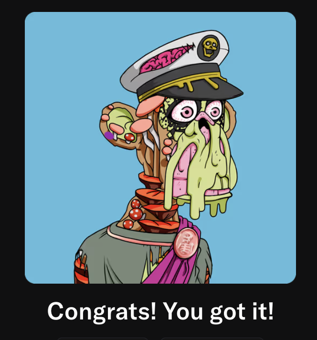 The image features a cartoon character wearing a captain's hat, which has been described as "the most evil looking thing ever created." The character appears to be a monkey with a face painted on its head, giving it a unique appearance. The caption of the image reads, "Congratulations! You got it!" This implies that the character has been accepted into an exclusive club or group, and the creator is expressing their excitement about this achievement.