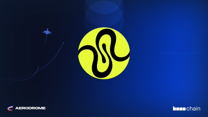 The image shows a yellow circular logo with a black stylized design against a blue background, accompanied by the text "AERODROME" and "base chain" at the bottom, celebrating QUID token's new pool on the Aerodrome Base chain platform now eligible for AERO emissions.