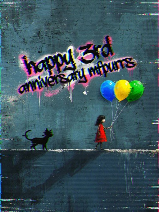 Street art/graffiti on a concrete wall depicting a girl holding colorful balloons with a black cat, overlaid with graffiti-style text reading 'happy 3rd anniversary mtjourrs'.