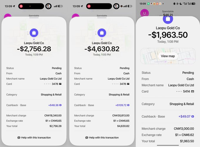 Three screenshots of a Spendable app showing large pending transactions from Laopu Gold Co Ltd, including charges of $2,756.28, $4,630.82, and $1,963.50 with cashback rewards in the Shopping & Retail category.