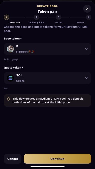 A mobile app screenshot showing a 'CREATE POOL' interface for token pairing, with base token 'FIIIIHHHH' and quote token 'SOL' (Solana) selected.