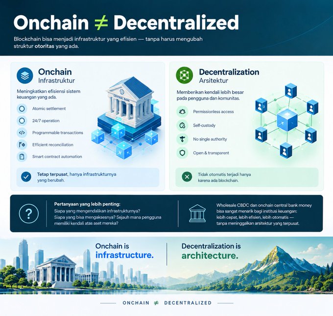 An Indonesian-language infographic comparing 'Onchain' and 'Decentralized,' explaining that blockchain can become efficient infrastructure without changing existing authority structures, featuring illustrations of a bank building and a decentralized network.