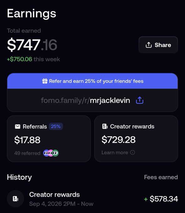 The image shows creator mrjacklevin’s Fomo earnings dashboard, with **$747.16 total earned** this week, including **$729.28 in creator rewards** and **$17.88 from 49 referrals**. It promotes the referral link **fomo.family/r/mrjacklevin** and indicates that creator rewards will be shared with followers.