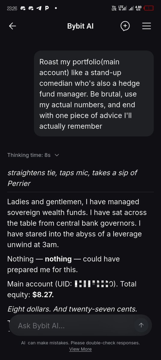 A screenshot of a Bybit AI conversation where the user asks for their portfolio to be roasted, and the AI begins a stand-up comedy bit revealing a total equity of $8.27.