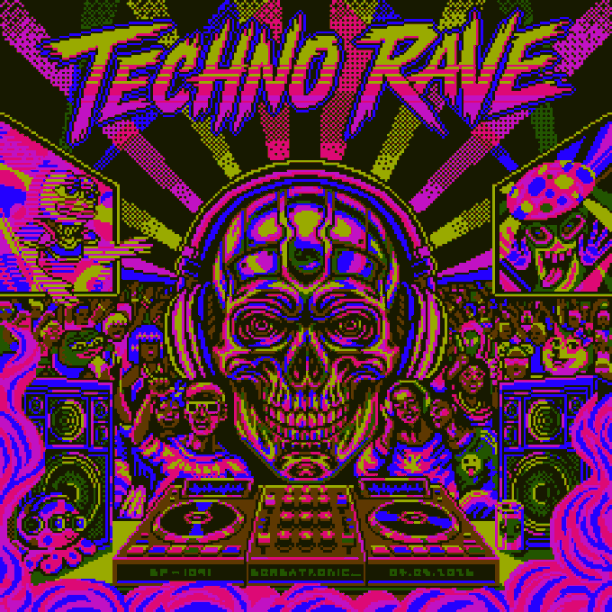 A vibrant neon-colored digital artwork titled 'TECHNO RAVE' features a mechanical skull wearing headphones at a DJ setup, surrounded by a crowd, speakers, and retro pixel-art graphics in pink, blue, and green.