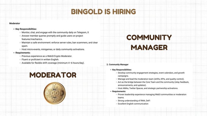 A job posting page titled 'BINGOLD IS HIRING' listing open positions for Moderator and Community Manager, with key responsibilities and requirements detailed for each role.