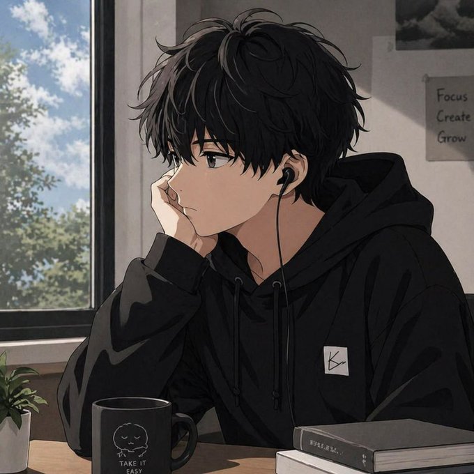 An anime-style illustration depicts a young man with messy black hair and dark eyes resting his chin on his hand. He wears a black hoodie with a small logo, wired earphones, and sits at a desk near a window, with a black mug reading 'TAKE IT EASY' and a book on the table, alongside a wall note reading 'Focus Create Grow'.