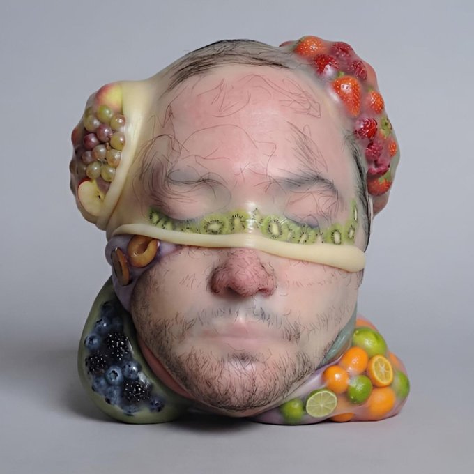 The image shows a hyperrealistic ceramic sculpture of a man's head emerging from a base made entirely of sculpted fruits, including grapes, strawberries, kiwi, blueberries, oranges, and limes. The post indicates this artwork, titled "Pomace," is a 1/1 NFT listed for sale on the objkt.com platform.