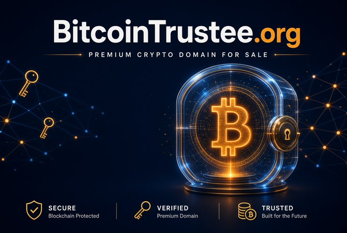A promotional graphic for the premium crypto domain BitcoinTrustee.org, featuring a glowing golden Bitcoin symbol enclosed in a futuristic glass vault with a padlock, set against a dark background of interconnected blockchain network nodes. The image reinforces the post's message of trust and security, with "SECURE Blockchain Protected," "VERIFIED Premium Domain," and "TRUSTED Built for the Future" badges emphasizing the domain's authoritative appeal for Bitcoin custody, fiduciary, and multisig services.