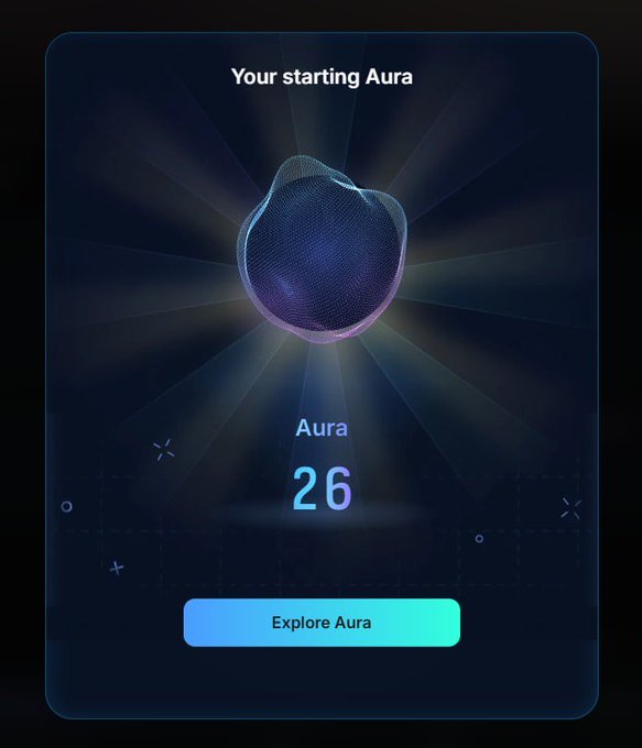 The image shows a digital card titled "Your starting Aura" displaying a glowing purple wireframe sphere with an Aura score of 26, and a teal "Explore Aura" button at the bottom—visually representing the user's modest starting Aura amount referenced in the post.