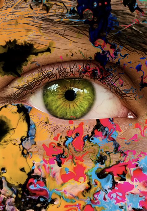 A close-up of a green eye surrounded by colorful, swirly paint splatters.