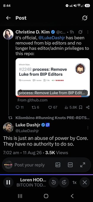 The image shows a social media post by Christine D. Kim announcing that Luke Dashjr (@LukeDashjr) has been removed from BIP editors and no longer has editor/admin privileges to the repo, citing "#2248 process: Remove Luke from BIP Editors." Below, Luke Dashjr responds claiming it's "just an abuse of power by Core," illustrating the ongoing governance dispute within the Bitcoin community that the Ethereum-focused host is referencing.