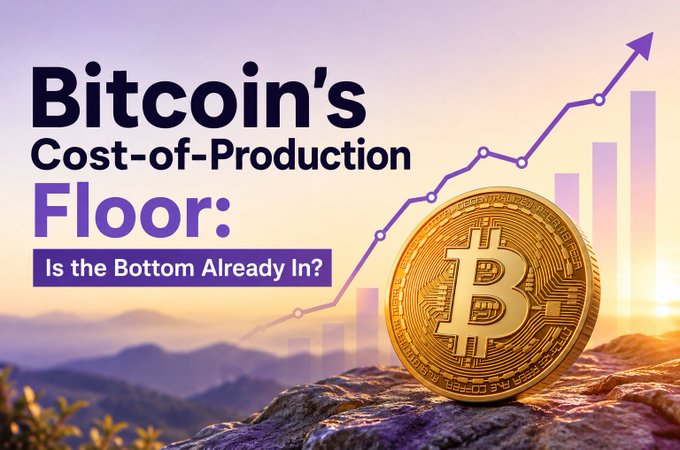 A graphic titled 'Bitcoin's Cost-of-Production Floor: Is the Bottom Already In?' featuring a rising purple line chart over bar graphs with a large golden Bitcoin coin resting on rocks against a sunset sky.