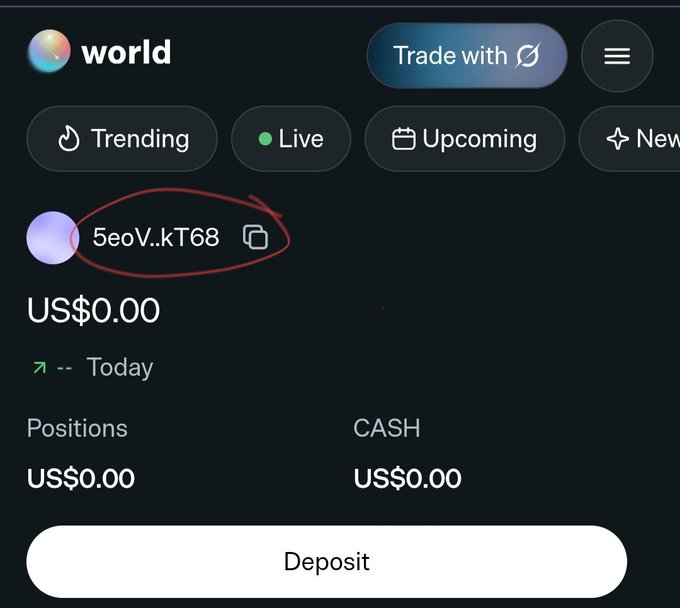 A screenshot of a trading app interface with the account name '5eoV..kT68' circled in red, showing balances of 'US$0.00' for both 'Positions' and 'CASH'.