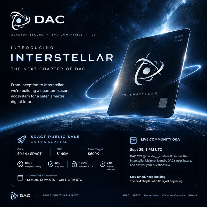 A promotional poster for 'INTERSTELLAR' by DAC, advertising a public sale of $DACT tokens on Chaingpt Pad with details including price ($0.14), FDV ($140M), and commitment window dates.