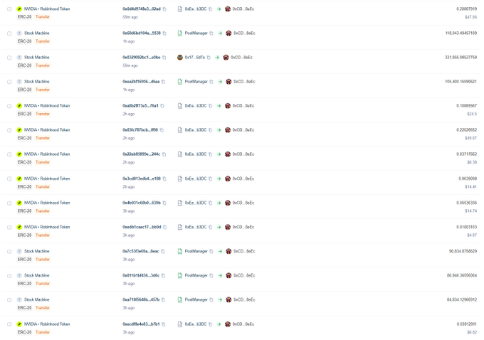 Screenshot of a cryptocurrency transaction history showing transfers between NVIDIA - Robinhood Token, DeFi xXDC, and DeX xXDC with various amounts and timestamps.