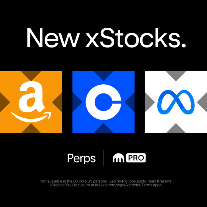 A Kraken Pro promotional graphic with a black background announces "New xStocks" featuring three stock token icons: Amazon (AMZN, orange tile), Coinbase (COIN, blue tile), and Meta (META, white tile with infinity logo), promoting new perpetual futures contracts for AMZNx, COINx, and METAx available on the platform.