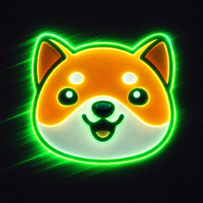 A neon green glowing outline of a smiling Shiba Inu dog face with an orange head against a black background.