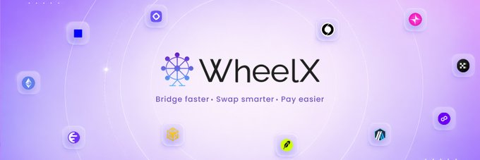 WheelX logo banner with the tagline 'Bridge faster • Swap smarter • Pay easier' surrounded by various cryptocurrency icons on a purple gradient background.