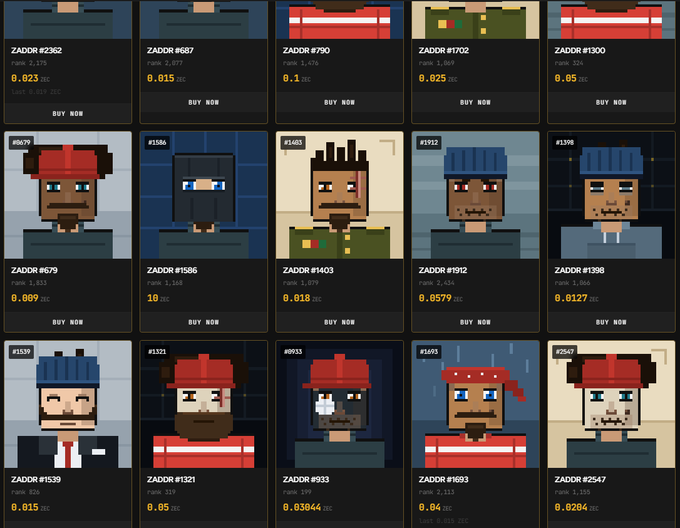 A grid of pixel-art character NFTs called ZADR featuring various avatars with prices in ECC cryptocurrency, such as ZADR #2362 and ZADR #1586.