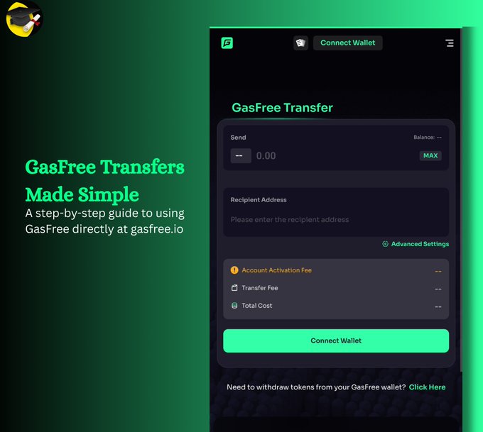 A promotional graphic for "GasFree Transfers Made Simple" showing a step-by-step guide to using the GasFree transfer service at gasfree.io with a dark green interface.