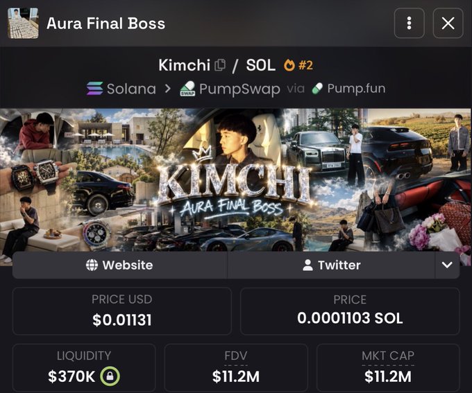 A crypto token page shows “Aura Final Boss” and “Kimchi 🔗 / SOL 🔥 #2,” with the route “Solana > PumpSwap via Pump.fun.” It lists “PRICE USD $0.01131,” “PRICE 0.0001103 SOL,” “LIQUIDITY $370K,” “FDV $11.2M,” and “MKT CAP $11.2M,” plus Website and Twitter buttons.