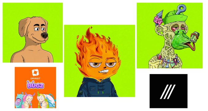 A collage of various cartoon images including a dog, a flaming head, a snake with sunglasses, and Unvault Buzz characters on green and orange backgrounds.