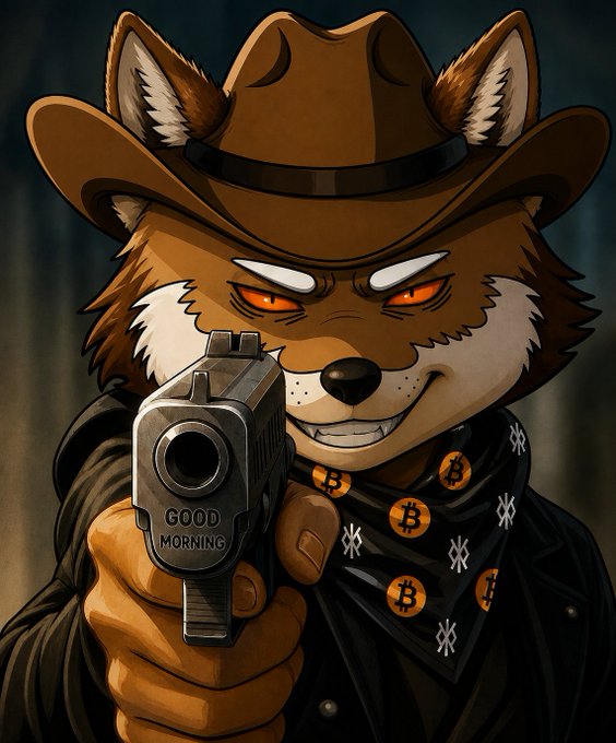 A cartoon fox character wearing a cowboy hat and Bitcoin-patterned bandana, pointing a gun that reads 'GOOD MORNING'.