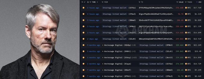 A split image shows a portrait of MicroStrategy founder Michael Saylor on the left and a list of his company's Bitcoin wallet transactions and balances on the right.
