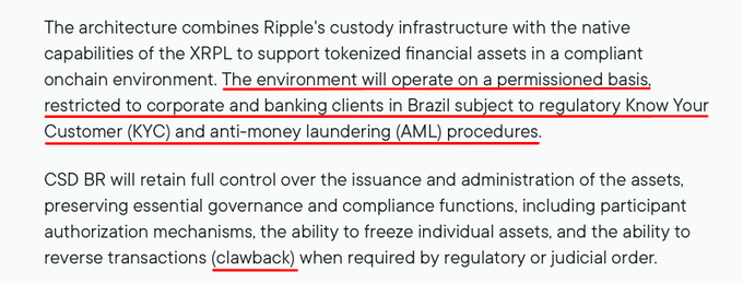 Text discussing Ripple's custody infrastructure and XRPL for tokenized financial assets, with the phrase 'restricted to corporate and banking clients in Brazil subject to regulatory Know Your Customer (KYC) and anti-money laundering (AML) procedures' underlined in red.