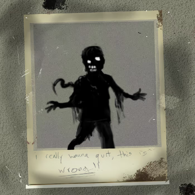 A distressed Polaroid-style image shows a shadowy figure with glowing eyes holding up a pickaxe, with the handwritten caption "I really wanna quit, this is wrong!!" — capturing the team's frustration over uploading the wrong allowlist wallet list hours before the mint, which still displays on the mint page despite being corrected to 888 wallets.