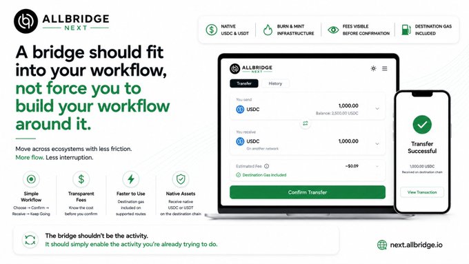 A promotional banner for 'ALLBRIDGE NEXT' (next.allbridge.io) showing a laptop and phone interface for crypto bridging of USDC and USDT, with text 'A bridge should fit into your workflow, not force you to build your workflow around it.'