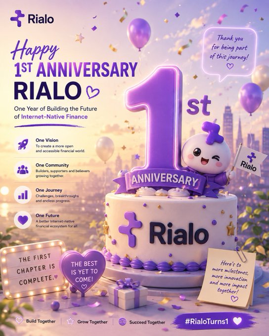 A 'Happy 1st Anniversary Rialo' promotional poster featuring a purple and white cake with the Pi symbol, celebrating one year of internet-native finance with messages about building the future.